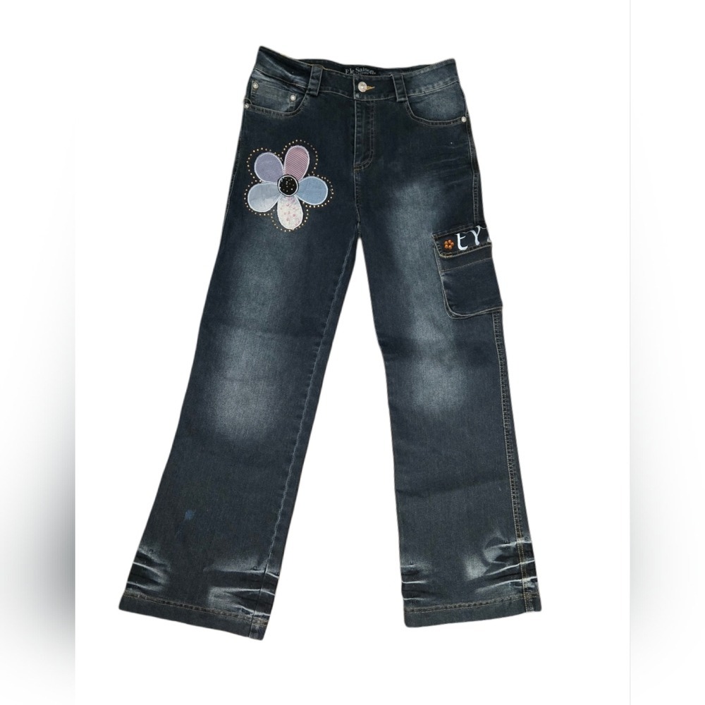 Y2K Embroidered Flower Cargo Streetwear Jeans  Size 9 Kawaii Harajuku Denim